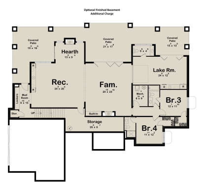 Basement floor plan drawing with 2BR, 1BA, rec room, hearth, family room, lake room, mudroom, storage, and covered patios. House Plan # 963-01346