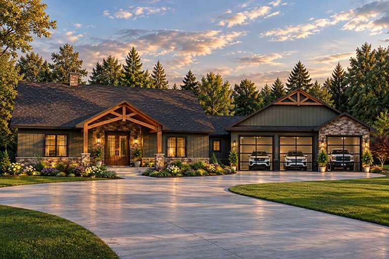 Angled front view of an olive green Craftsman house, stone accents, timber trusses, glass garage doors, and lush landscape. House Plan # 5032-00497