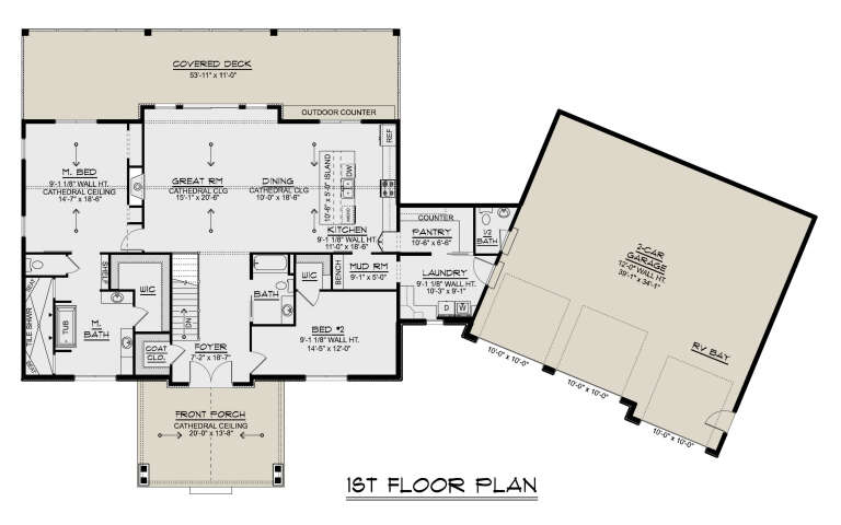 1st floor plan drawing with 2BR, 2.5BA, great rm, kitchen, pantry, Ldry, WIC, 2-car garage, RV bay, and covered deck. House Plan # 5032-00497
