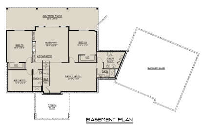 Basement floor plan drawing with 2BR, 2BA, kitchenette, rec room, family room, WIC, covered patio, and garage slab. House Plan # 5032-00497