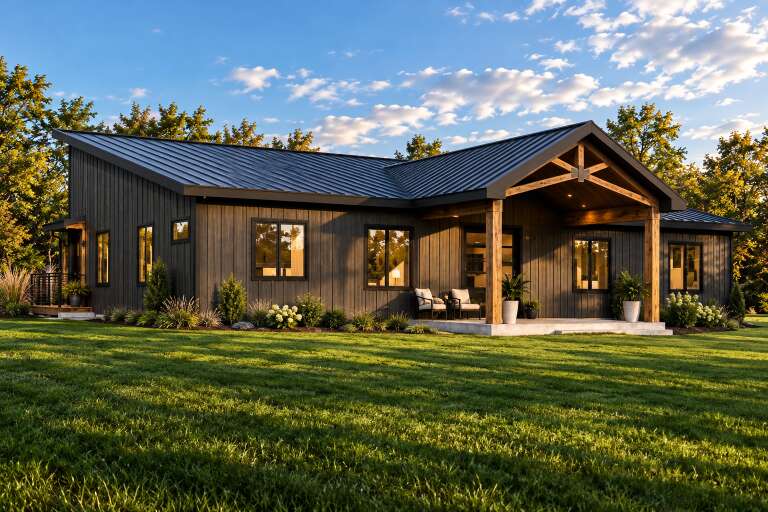 Angled front view of a dark gray house in Modern Craftsman style, metal roof, timber porch, and black windows. House Plan # 5032-00498