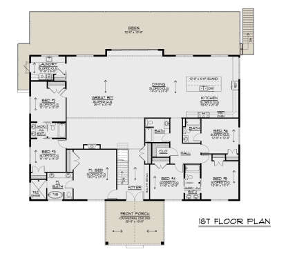 First-floor plan drawing with 5BR, 4BA, great room, kitchen, dining, Ldry, sloped ceilings, front porch, and large deck. House Plan # 5032-00498