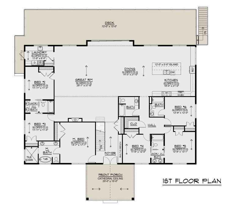 First-floor plan drawing with 5BR, 4BA, great room, kitchen, dining, Ldry, sloped ceilings, front porch, and large deck. House Plan # 5032-00498