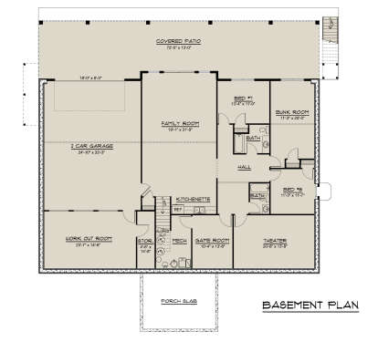 Basement floor plan drawing with 3BR, 2BA, family room, kitchenette, game room, theater, gym, 2-car garage, and patio. House Plan # 5032-00498