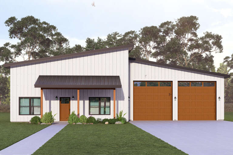 Front view of a white house in Barndominium style, metal siding, wood garage doors, shed roof, and covered entry porch. House Plan # 3822-00059