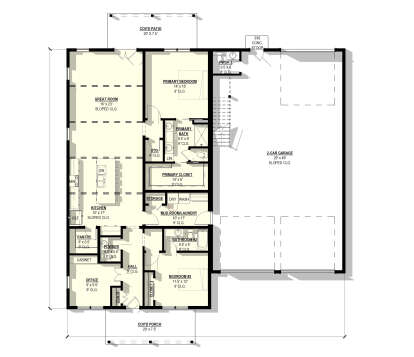 Main floor plan drawing with 2BR, 2.5BA, office, kitchen, great room, pantry, mud/Ldry, 2-car garage, cov'd patio and porch. House Plan # 3822-00059