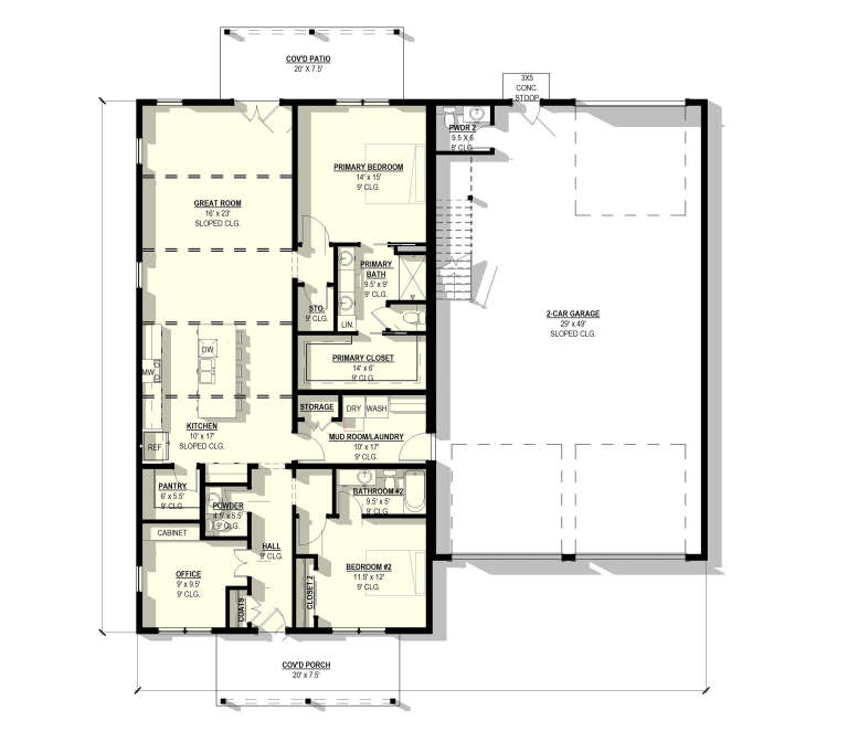 Main floor plan drawing with 2BR, 2.5BA, office, kitchen, great room, pantry, mud/Ldry, 2-car garage, cov'd patio and porch. House Plan # 3822-00059