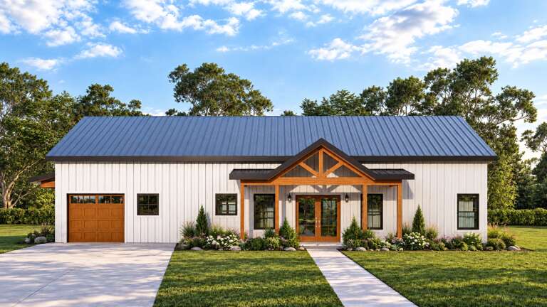 Front view of a white house in Modern Farmhouse style, metal roof, wood accents, black windows, and landscaped entry. House Plan # 3822-00060