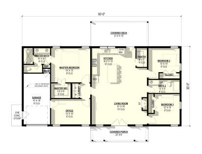 Main floor plan drawing with 3BR, 2BA, office, kitchen, living room, pantry, WIC, Ldry, garage, covered deck, and porch. House Plan # 3822-00060