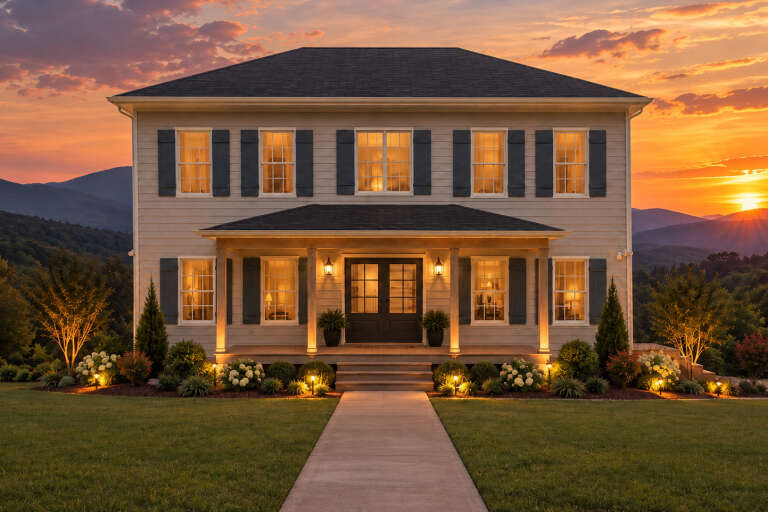 Front view of a light gray house, dark shutters, covered porch, symmetrical windows, and landscaped yard at sunset. House Plan # 1625-00004