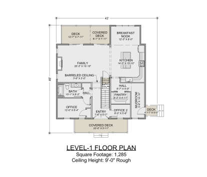 Level-1 floor plan drawing with 2 offices, 1BA, kitchen, Brkfst nook, family room, pantry, mudroom, stairs, and 3 decks. House Plan # 1625-00004