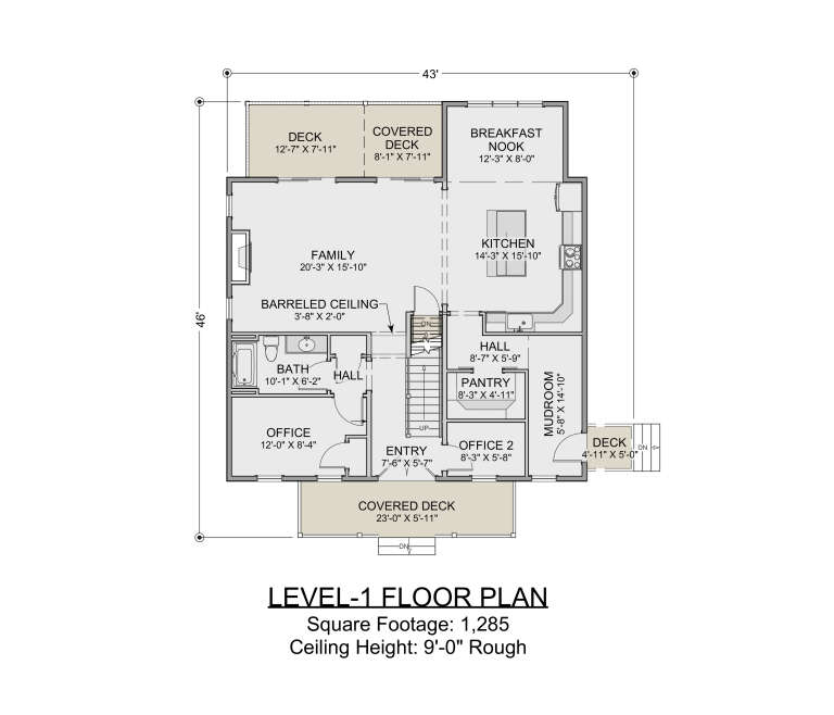 Level-1 floor plan drawing with 2 offices, 1BA, kitchen, Brkfst nook, family room, pantry, mudroom, stairs, and 3 decks. House Plan # 1625-00004