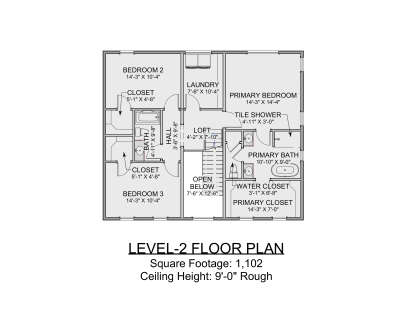 Second-floor plan drawing with 3BR, 2BA, loft, Ldry, primary WIC, stairs, and open-to-below area. House Plan # 1625-00004