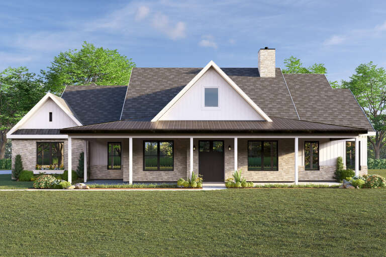 Front view of a white and stone house in Craftsman style, metal porch roof, gabled rooflines, and black window frames. House Plan # 3822-00061