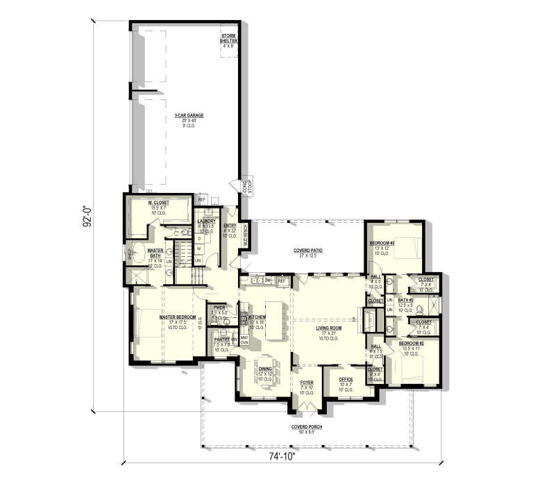 Main floor plan drawing with 3BR, 2.5BA, office, kitchen, living/dining, 3-car garage, storm shelter, and covered patio. House Plan # 3822-00061
