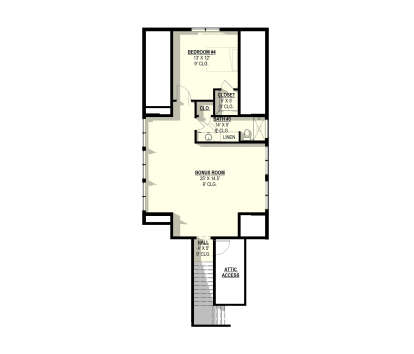 Upper-floor plan drawing with 1BR, 1BA, bonus room, closets, hall, attic access, and 9' ceilings. House Plan # 3822-00061