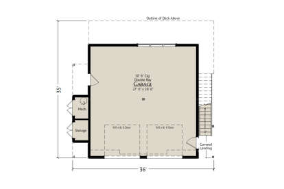 Garage floor plan drawing with 2-car garage, 10'6" ceiling, mech room, storage, stairs, and covered landing. House Plan # 5460-00024