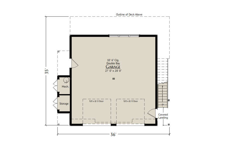 Garage floor plan drawing with 2-car garage, 10'6" ceiling, mech room, storage, stairs, and covered landing. House Plan # 5460-00024