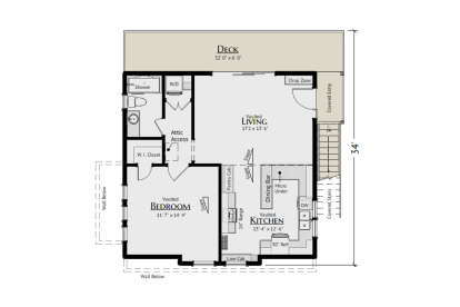 Second-floor plan drawing with 1BR, 1BA, vaulted living/kitchen, WIC, Ldry, deck, covered entry, and stairs. House Plan # 5460-00024
