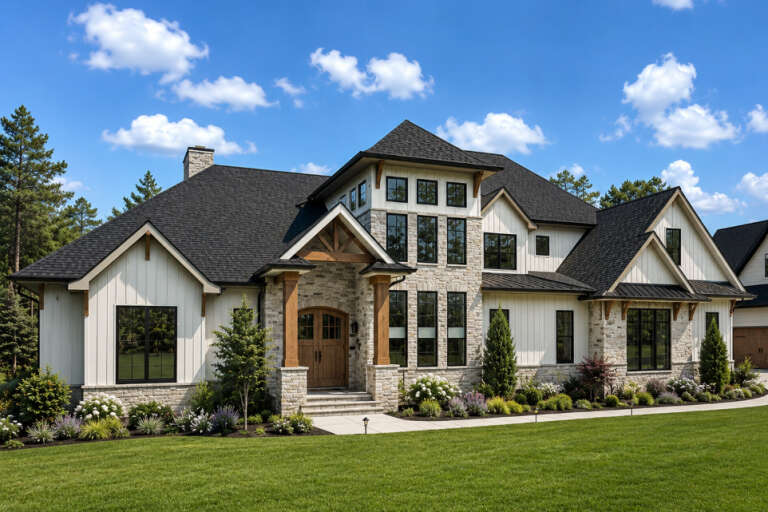 Front view of a white and stone house, black windows, wood entry, gabled rooflines, and lush landscaping. House Plan # 6102-00015