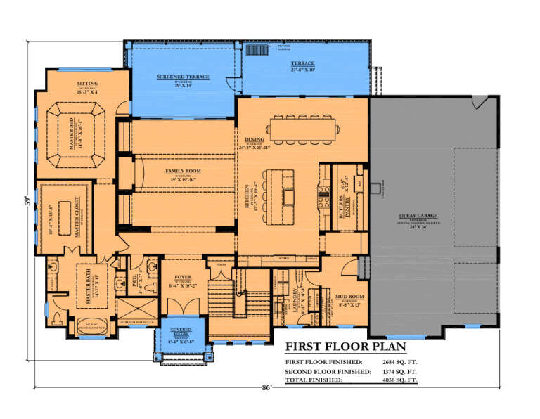 First-floor plan drawing with 1BR, 1.5BA, family room, kitchen, butler pantry, mudroom, Ldry, 3-car garage, terrace. House Plan # 6102-00015