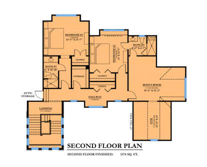 Second-floor plan drawing with 2BR, 2BA, bonus room, gym, attic storage, closets, and stairs. 9' ceilings. House Plan # 6102-00015