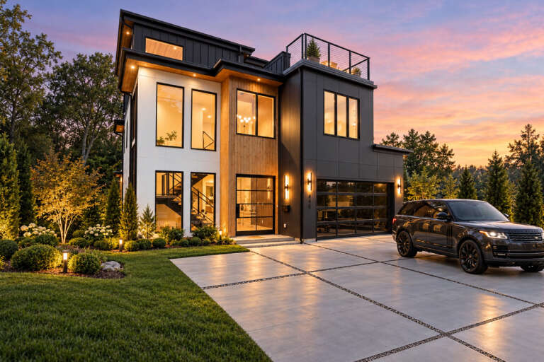Angled front view of a black and white Modern house, wood accents, flat roof, rooftop deck, and illuminated driveway. House Plan # 6102-00016