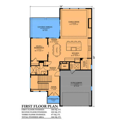 First-floor plan drawing with 1BR, 1BA, kitchen, dining, family room, pantry, 2-car garage, covered terrace, and entry. House Plan # 6102-00016