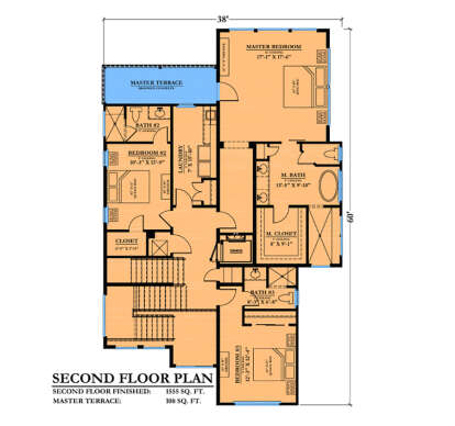 Second-floor plan drawing with 3BR, 3BA, M. suite, M. closet, Ldry, stairs, and master terrace. House Plan # 6102-00016