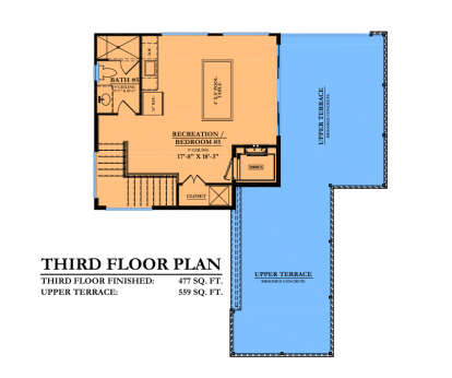 Third floor plan drawing with 1BR, 1BA, rec room, closet, stairs, elevator, and large upper terrace. House Plan # 6102-00016
