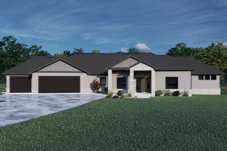 Front view of a grey Contemporary house, stone accents, dark garage doors, gabled roof, and landscaped lawn. House Plan # 7140-00043