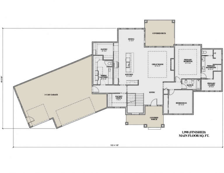 Main floor plan drawing with 2BR, 2BA, great room, kitchen, pantry, office, 3-car garage, covered deck, and porch. House Plan # 7140-00043