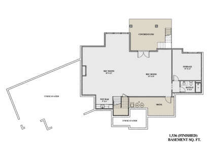 Basement floor plan drawing with rec room, wet bar, 1BA, storage, mech room, stairs, and covered patio. House Plan # 7140-00043