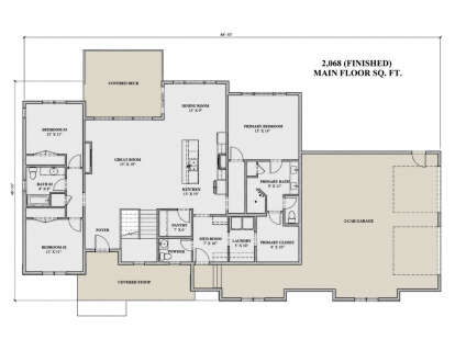 Main floor plan drawing with 3BR, 2.5BA, great room, kitchen, pantry, Ldry, mud room, 2-car garage, covered deck, and stoop. House Plan # 7140-00044