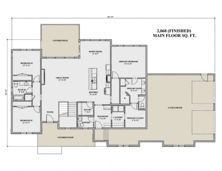 Main floor plan drawing with 3BR, 2.5BA, great room, kitchen, pantry, Ldry, mud room, 2-car garage, covered deck, and stoop. House Plan # 7140-00044