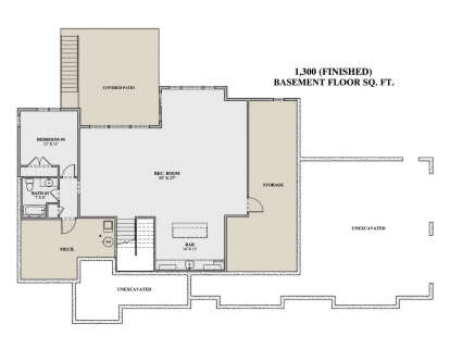 Basement floor plan drawing with 1BR, 1BA, rec room, bar, storage, mech room, stairs, and covered patio. House Plan # 7140-00044