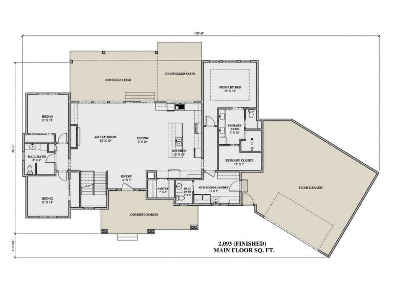 Main floor plan drawing with 3BR, 2.5BA, great room, kitchen, pantry, Ldry, 2-car garage, covered patio, and porch. House Plan # 7140-00045