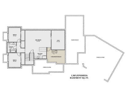 Basement floor plan drawing with 2BR, 1BA, rec room, wet bar, gym, utilities, crawl space, and unexcavated areas. House Plan # 7140-00045