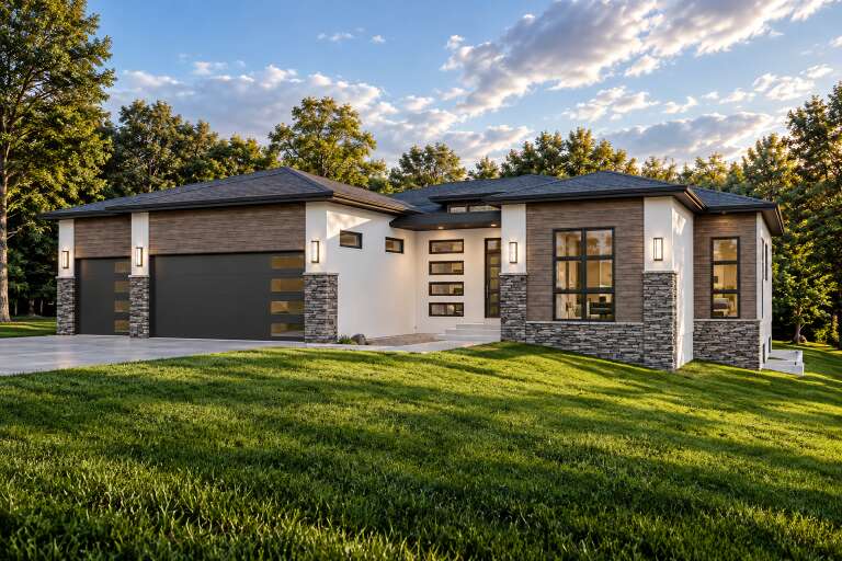 Angled front view of a Modern house, white stucco, wood siding, stone accents, dark garage, and large windows. House Plan # 7140-00046