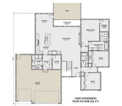 Main floor plan drawing with 3BR, 2BA, kitchen, living room, dinette, pantry, mudroom, Ldry, 3-car garage, deck, and stairs. House Plan # 7140-00046