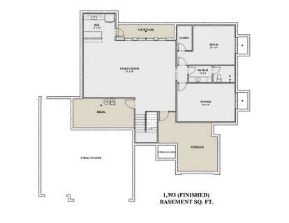 Basement floor plan drawing with 1BR, 1BA, family room, bar, fitness room, stairs, courtyard, storage, and unexcavated area. House Plan # 7140-00046