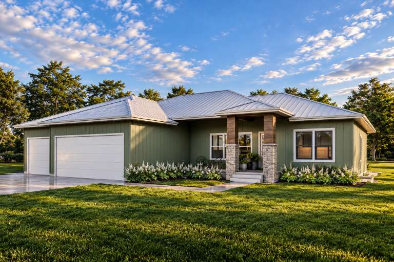 Front view of a green Craftsman house, metal roof, stone-based porch columns, white garage doors, and lush landscaping. House Plan # 7140-00047