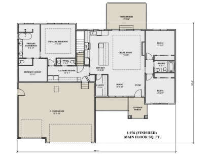 Main floor plan drawing with 3BR, 2.5BA, great room, kitchen, pantry, Ldry, 3-car garage, covered porch, and rear patio. House Plan # 7140-00047
