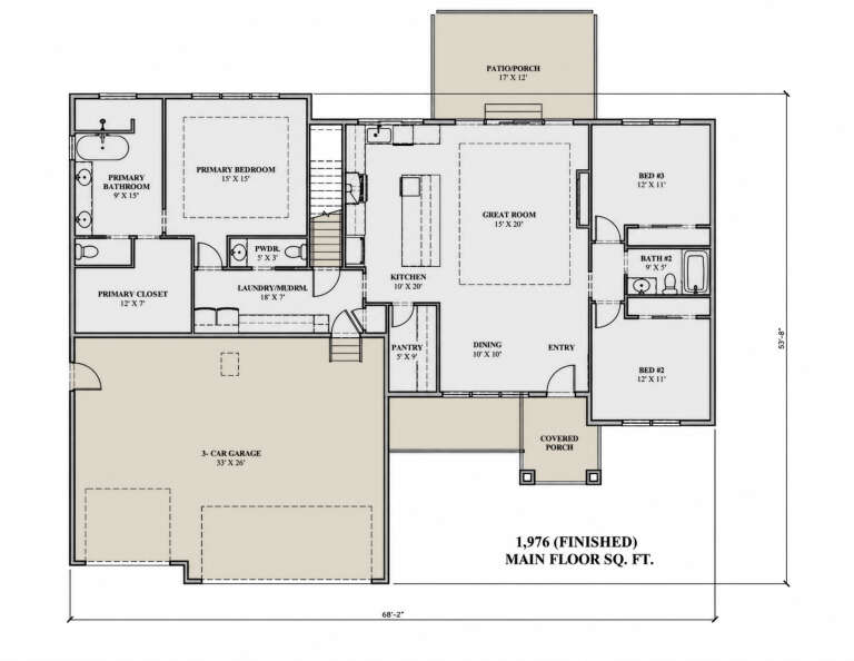 Main floor plan drawing with 3BR, 2.5BA, great room, kitchen, pantry, Ldry, 3-car garage, covered porch, and rear patio. House Plan # 7140-00047