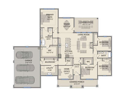 Main floor plan drawing with 3BR, 2BA, office, kitchen, living room, dining, WIC, 3-car garage, covered patio, and porch. House Plan # 3571-00047