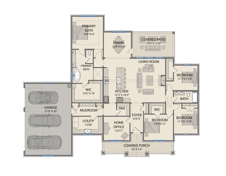 Main floor plan drawing with 3BR, 2BA, office, kitchen, living room, dining, WIC, 3-car garage, covered patio, and porch. House Plan # 3571-00047