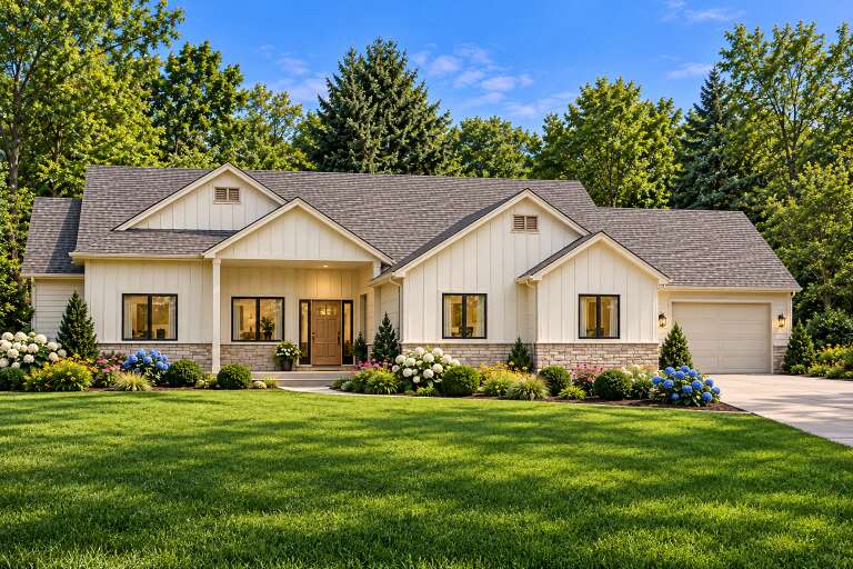 Front view of a white house in Modern Farmhouse style, board-and-batten siding, stone base, black windows, lush garden. House Plan # 8768-00249