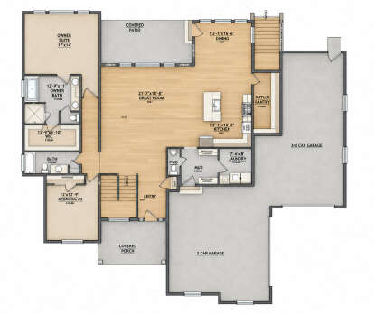 Main floor plan drawing with 2BR, 2.5BA, vaulted great room, kitchen, butler pantry, mudroom, Ldry, 3-car garage, porch. House Plan # 8768-00249