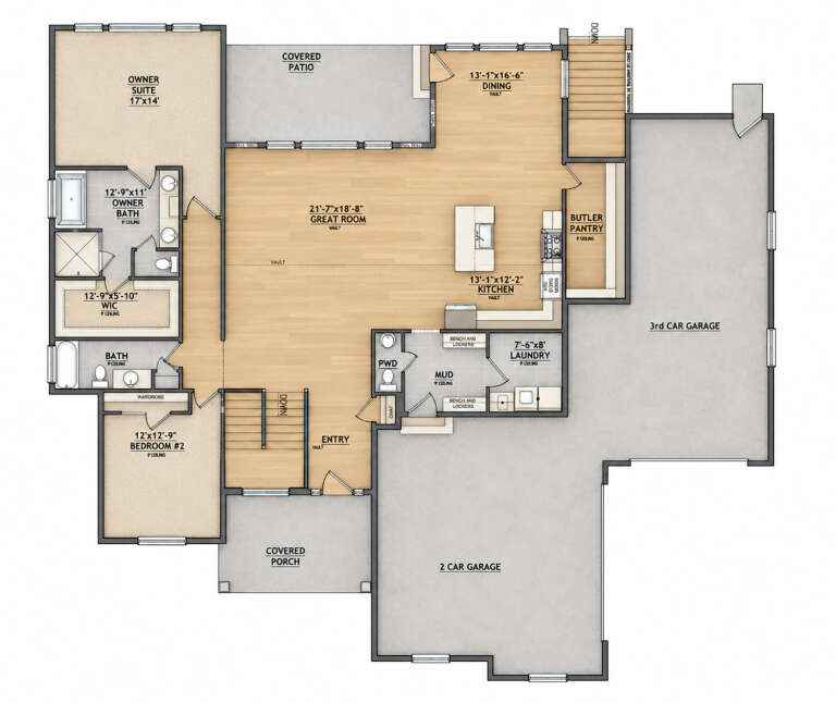 Main floor plan drawing with 2BR, 2.5BA, vaulted great room, kitchen, butler pantry, mudroom, Ldry, 3-car garage, porch. House Plan # 8768-00249