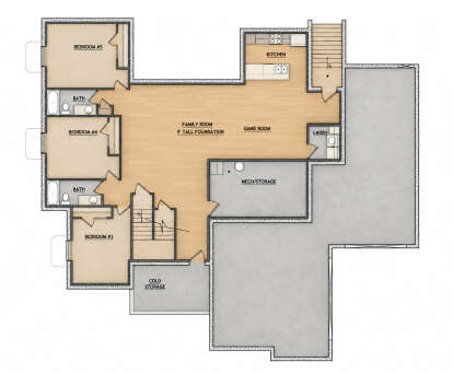 Basement floor plan drawing with 3BR, 2BA, family/game room, kitchen, Ldry, mech/storage, cold storage, and stairs. House Plan # 8768-00249